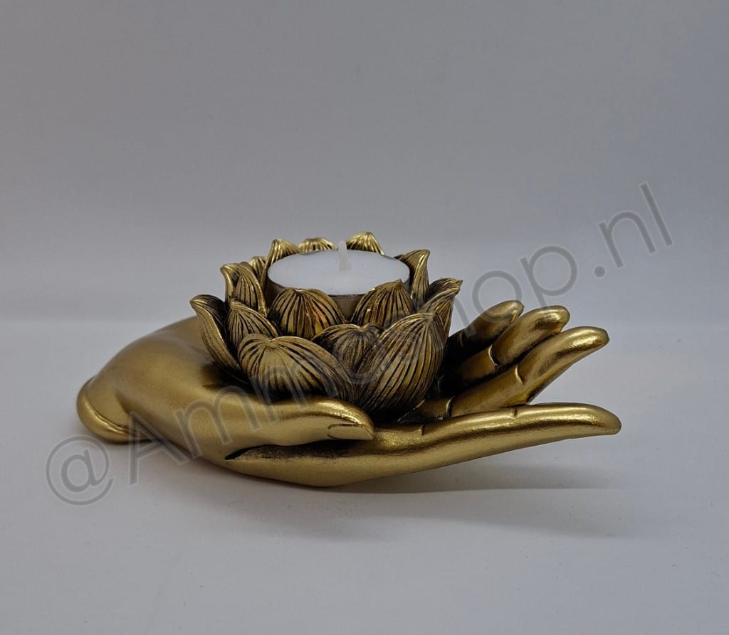 Theelichthouder Lotushand goudkleurig 1,6 x 8 x 5,5 - Afbeelding 2